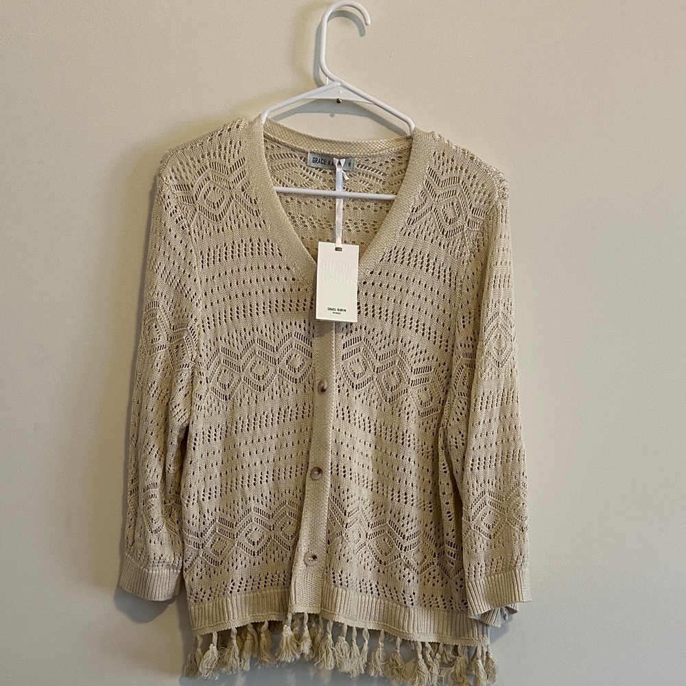 Grace Karin Beige Knit Cardigan with Tassels